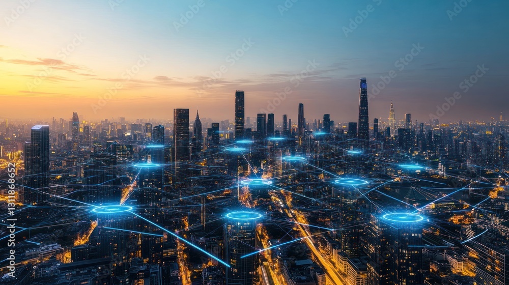 Poster city network connection at dusk with glowing digital data links