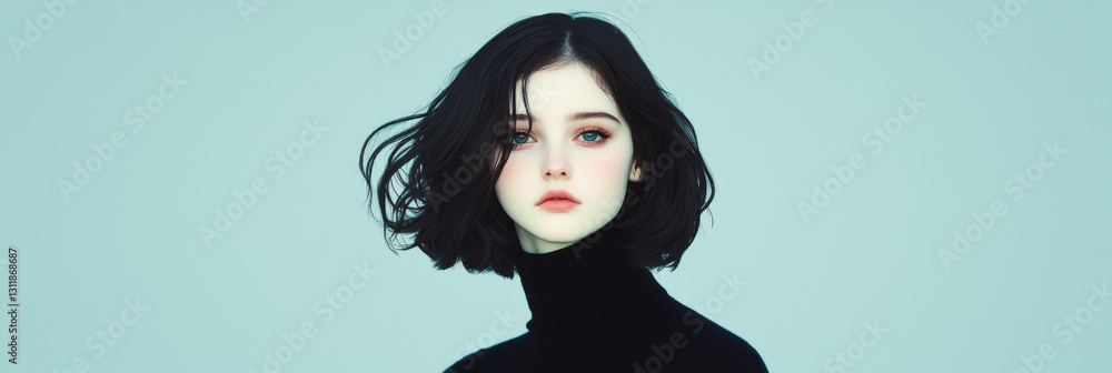 Poster a minimalist digital portrait showcasing a charming beauty with a mesmerizing gaze that conveys