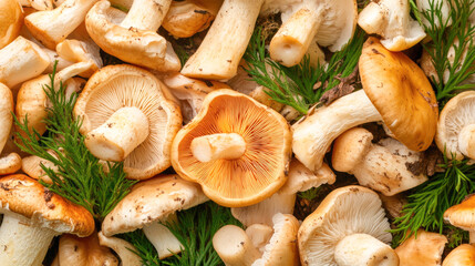 Fresh wild mushrooms with green herbs close-up texture