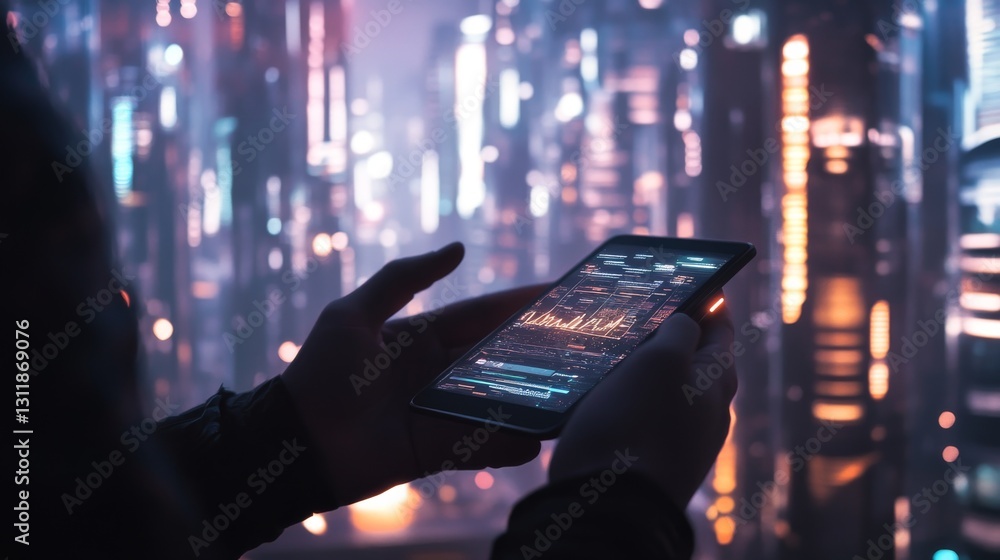 Poster silhouette of hands holding a smartphone displaying financial data charts amidst a glowing futuristi