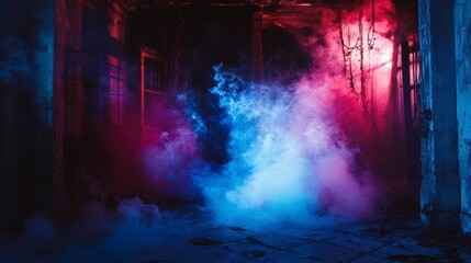 Fototapeta premium Eerie Abandoned Building Interior With Blue And Red Lighting Style