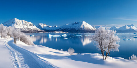 Winter lanscape mountains and lake