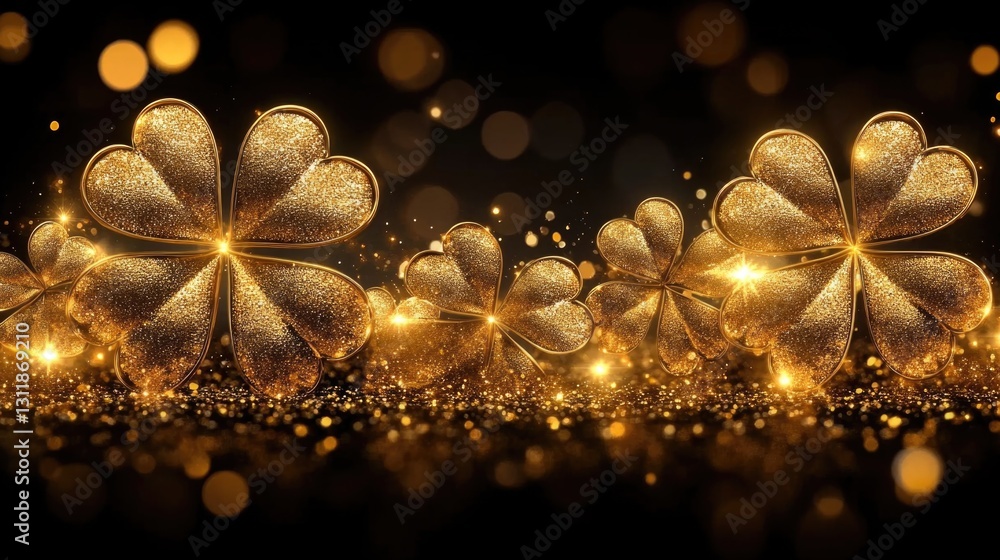 Poster glittering golden shamrocks on sparkling background with ambient light and bokeh. saint patrick's da