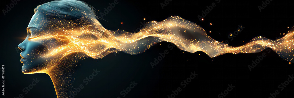 Poster surreal composition blending a graceful profile with luminous, cascading hair merging into abstract