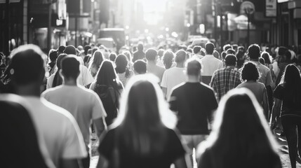 Obraz premium A Crowd Of People Walking Down A City Street In Black And White