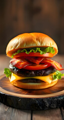 Gourmet cheeseburger with bacon and fresh ingredients on a rustic wooden background