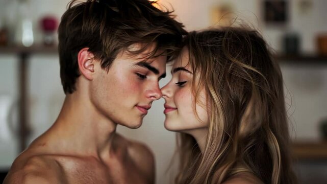 romantic teenager love couple lean to kissing at home