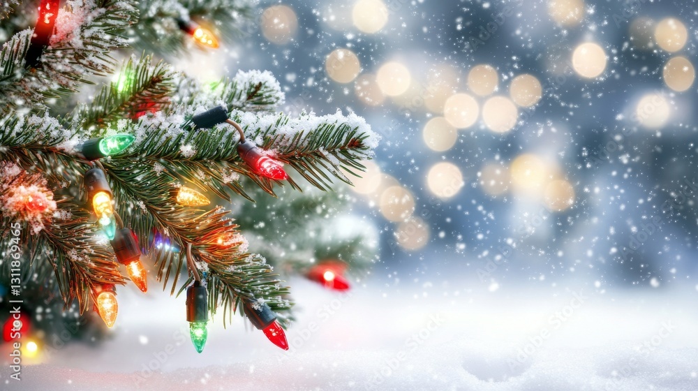 Poster a snowy branch of a christmas tree highlighted with bright, colorful lights. the soft, blurred backg
