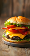 Gourmet cheeseburger with bacon and fresh ingredients on a rustic wooden background