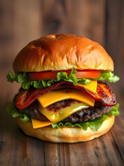 Gourmet cheeseburger with bacon and fresh ingredients on a rustic wooden background