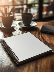 White notebook on wooden table with blurred coffee cup and background sunlight