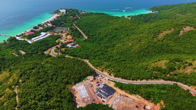 Landfill garbage dump site in Koh Larn island of Thailand Aerial view. Concept Asia ecological problem of plastic pollution.