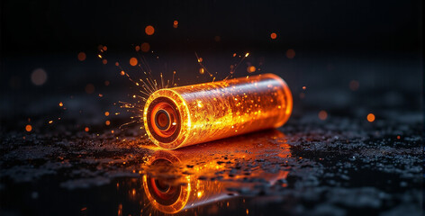 Glowing Battery with Sparks and Reflections