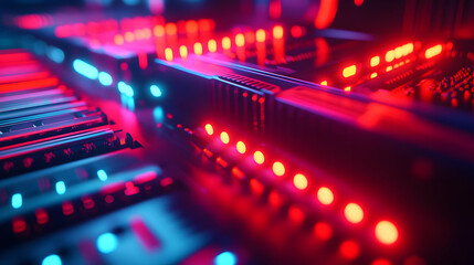 Abstract Circuit Board with Red and Blue Glowing Lights