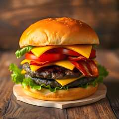 Gourmet cheeseburger with bacon and fresh ingredients on a rustic wooden background