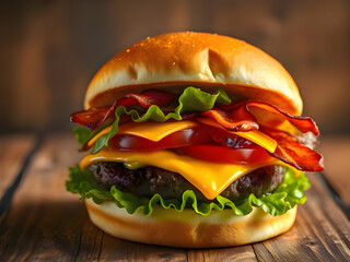 Gourmet cheeseburger with bacon and fresh ingredients on a rustic wooden background