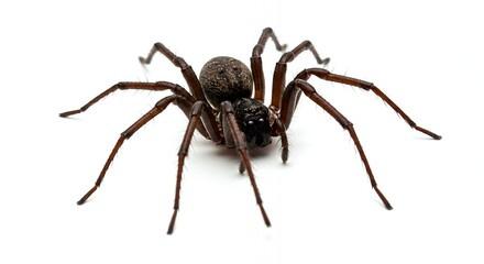 Close-up of a dark brown spider on a white background