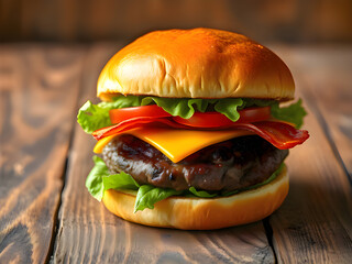 Gourmet cheeseburger with bacon and fresh ingredients on a rustic wooden background