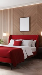 Elegant bedroom features a red upholstered bed against a wooden paneled wall with decor