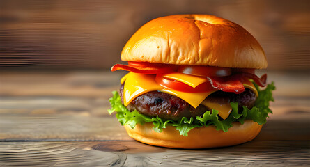 Tasty cheeseburger with lettuce and tomato on a black background