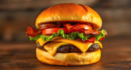 Gourmet cheeseburger with bacon and fresh ingredients on a rustic wooden background
