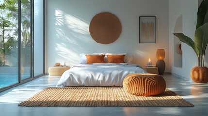 Sun-drenched Bedroom Oasis: Relax in Minimalist Comfort and Natural Beauty