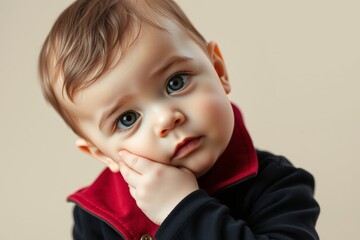 Adorable contemplative baby portrait with striking blue eyes and gentle expression