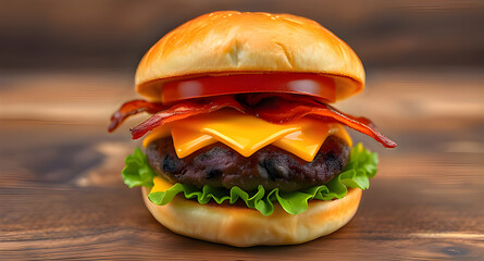 Gourmet cheeseburger with bacon and fresh ingredients on a rustic wooden background