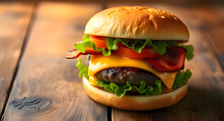 Delicious cheeseburger with lettuce tomato and onion on a wooden table