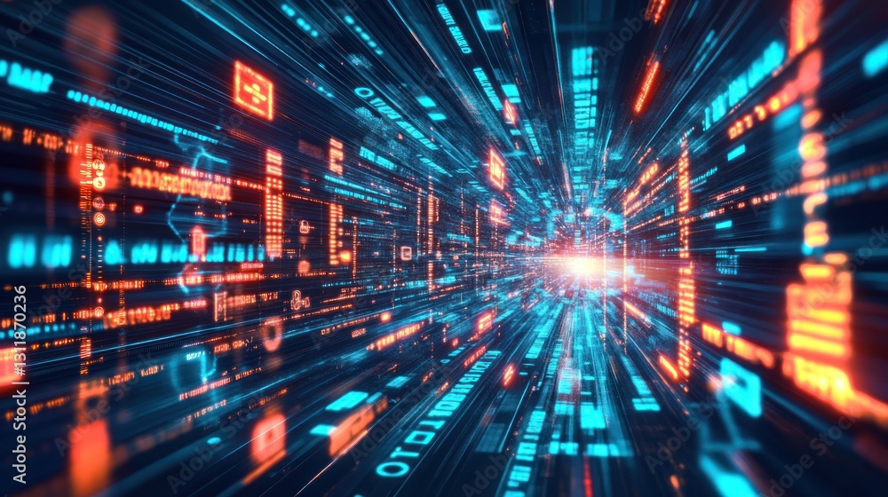 Poster abstract digital data stream with glowing tunnel effect for technology designs