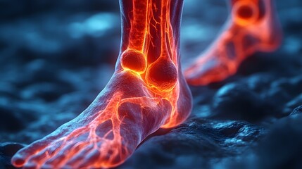 Medical concept of deep vein thrombosis in the leg, high-detail 3D visualization of a blocked vein, highlighting poor circulation