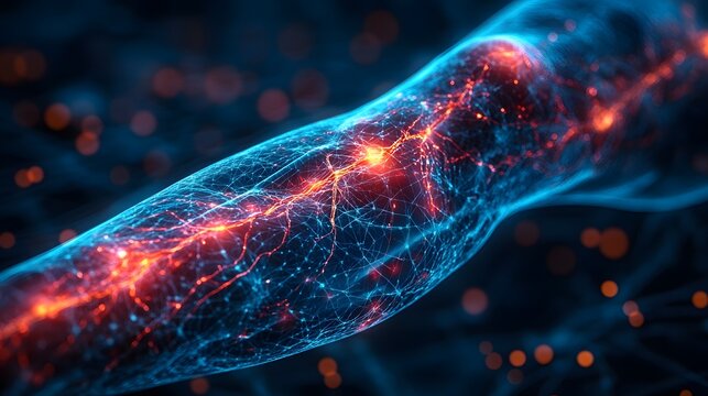 Medical concept of deep vein thrombosis in the leg, high-detail 3D visualization of a blocked vein, highlighting poor circulation