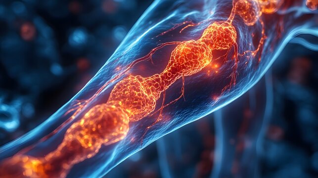 Cross-section of a human leg showing blood clot formation, detailed 3D illustration of restricted blood flow and vascular blockage