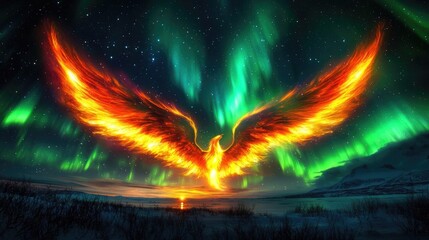 Aurora borealis northern lights concept. A stunning phoenix rising, illuminated by vibrant northern lights in a mystical landscape.