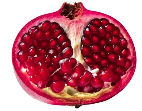 Closeup of a juicy pomegranate half, revealing vibrant red arils.  A striking image representing abundance, health, and vitality.