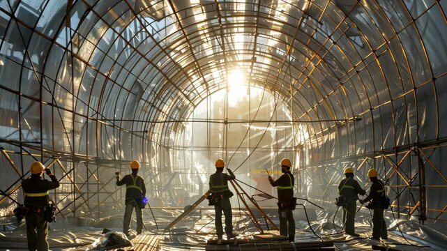 welders and assemblers working with metal structures on a construction site