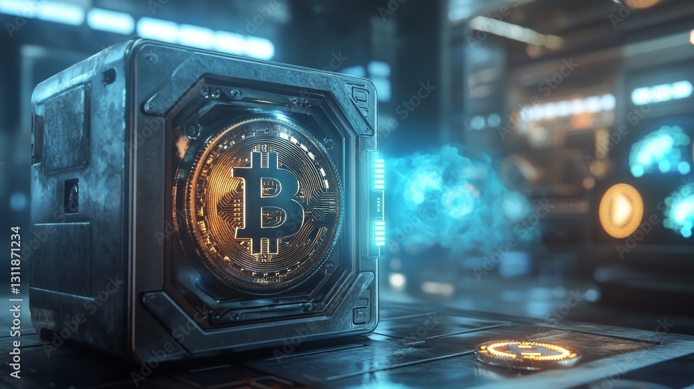 Poster a futuristic representation of a secure bitcoin storage vault illuminated by vibrant neon blue and o