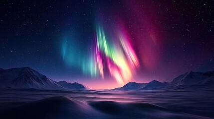 Obraz premium Aurora borealis northern lights concept. Breathtaking aurora borealis illuminating a tranquil, snowy landscape at night.