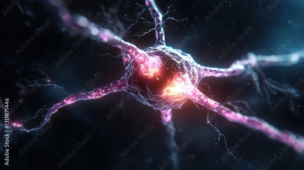 Poster microscopic view of a glowing neuron cell with intricate details.