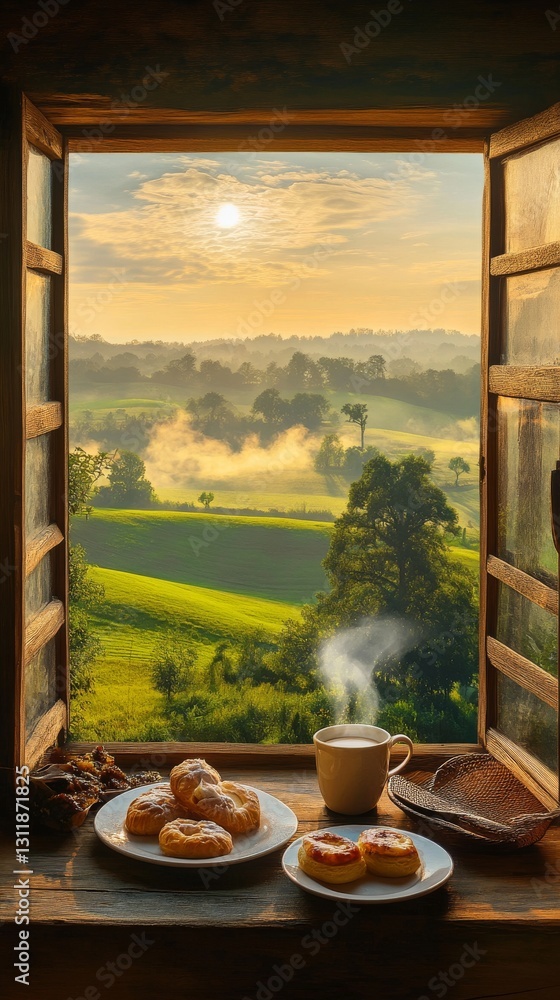 Poster a rustic breakfast of coffee and pastries sits by an open window, revealing misty green hills bathed