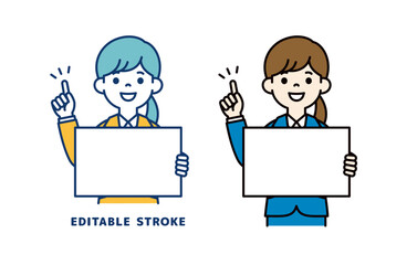 ボードを持ってポイントを説明する、若い女性会社員のベクターイラスト素材＿線幅の編集可能