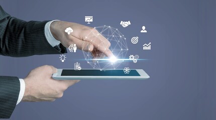 hand shows digital marketing, business tech icons