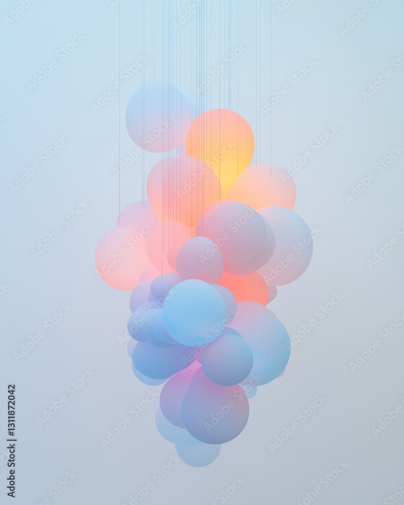 Poster minimalist design capturing a cluster of foam elements suspended in a radiant field of abstract