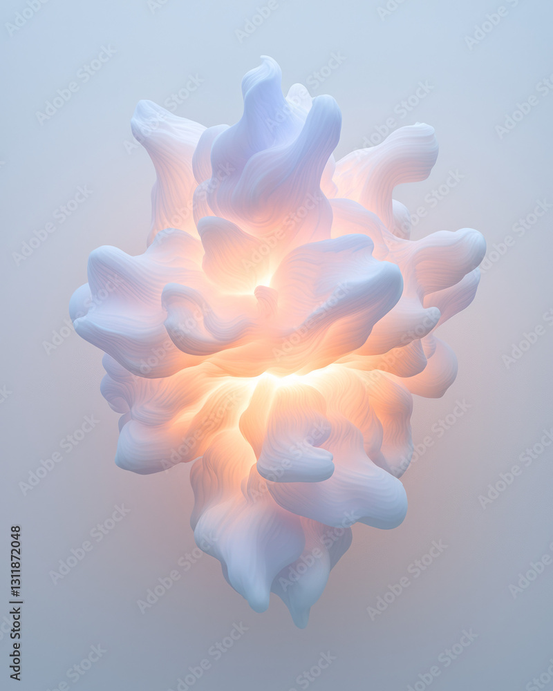 Poster minimalist design capturing a cluster of foam elements suspended in a radiant field of abstract