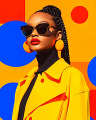 A vibrant street photography-style digital collage showcasing a stylish modern muse amidst a