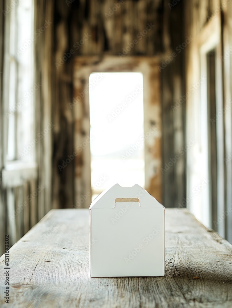 Poster generic object on a weathered wooden table inside a rustic room with bright light from the doorway. 