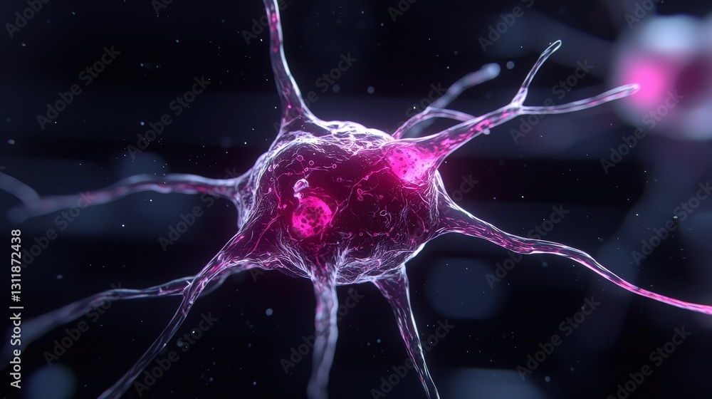 Poster microscopic view of a neuron cell with glowing pink nucleus and dendrites.
