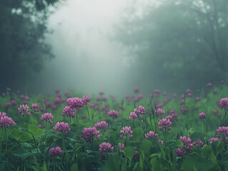 Obraz premium Misty meadow, Purple blossoms in a tranquil, dreamlike atmosphere