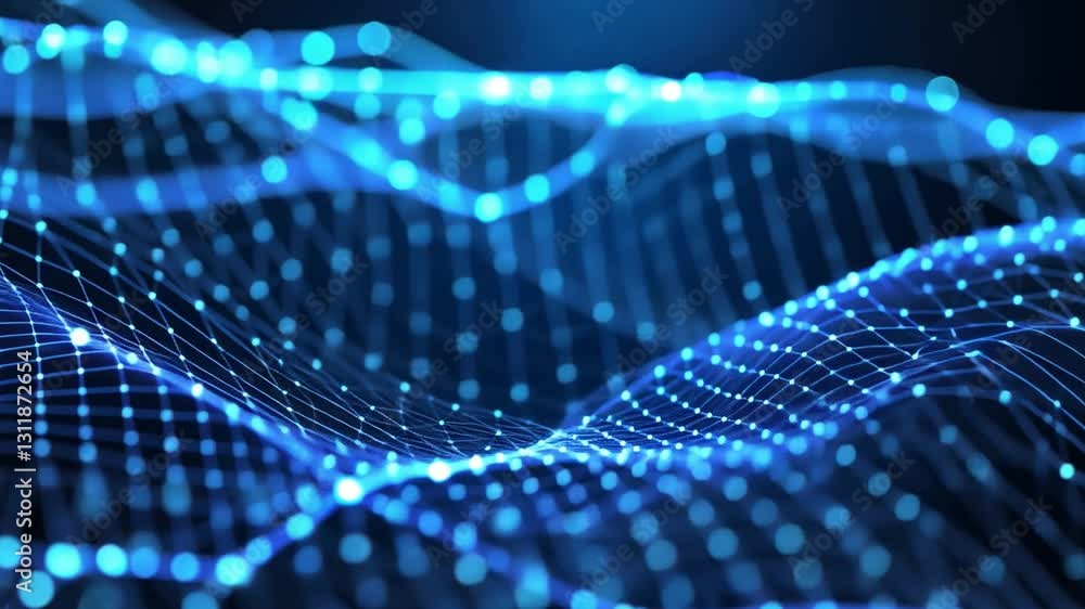 Poster abstract digital wave glowing blue dots and lines representing data flow, technology, and innovation