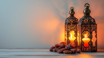 Ramadan Festive Still Life Dates Illuminated Moroccan Lanterns Warm Glow
